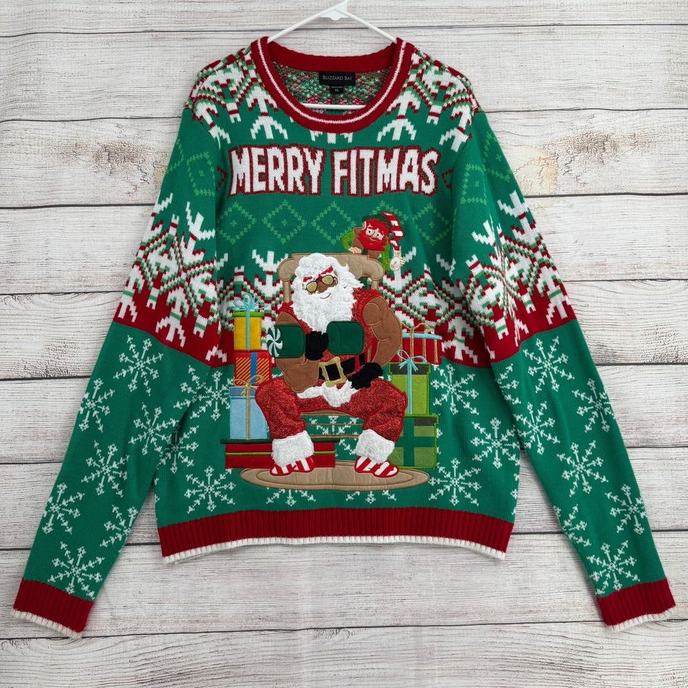 Blizzard Bay Sweater Men XL Green Merry Fitmas Muscular Santa Ugly Christmas